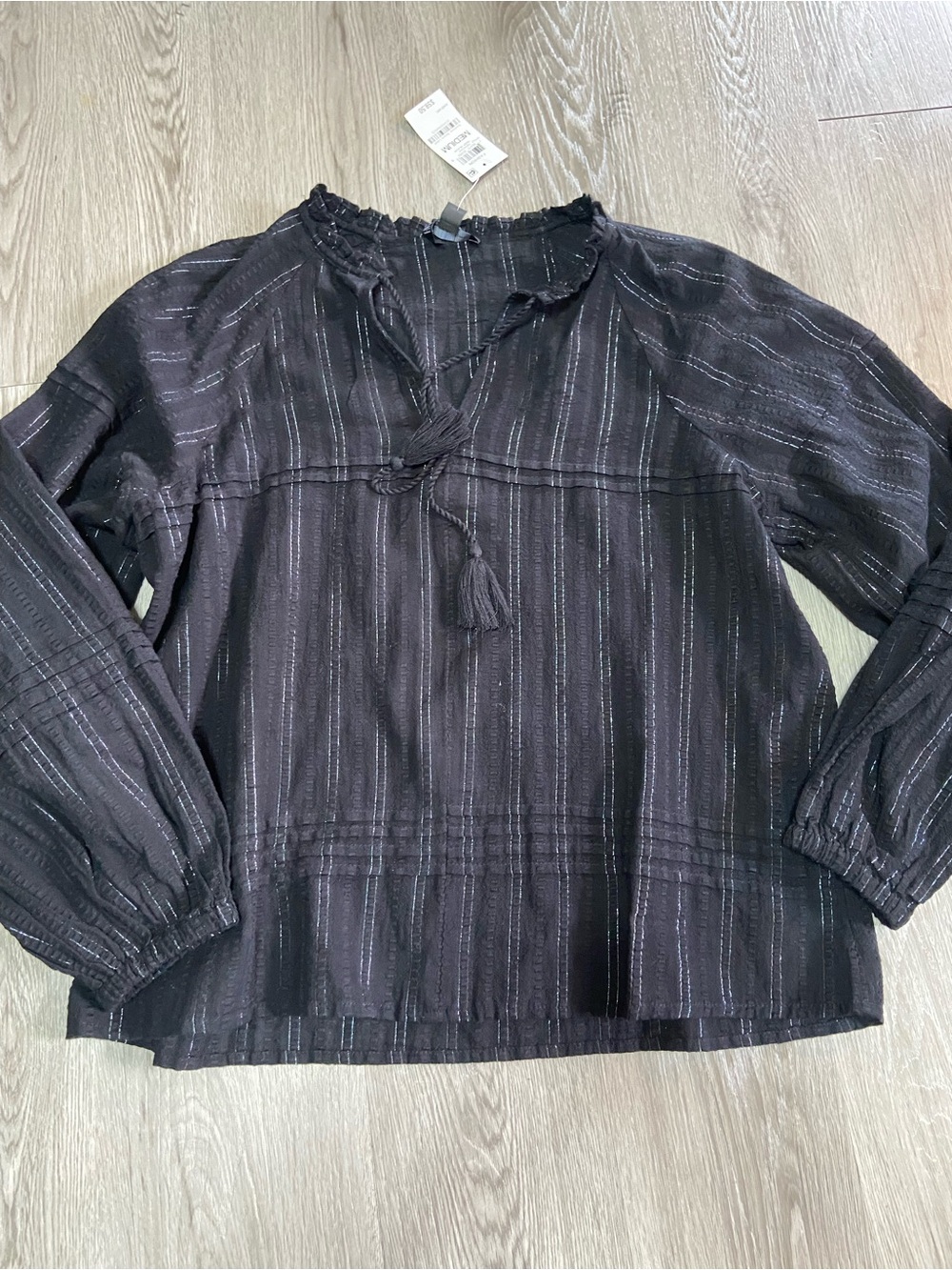 INC International Concepts Black Striped Tassel Tie Peasant Blouse